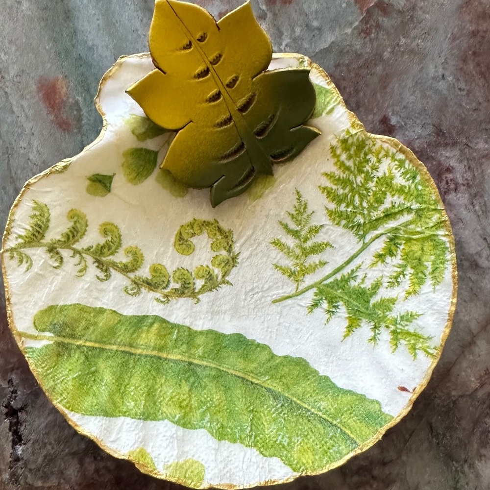 "FERNIE" Hand crafted decoupage shell 4" Embellished with Leather Brooch Gift